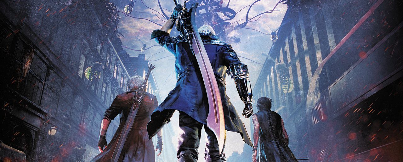 Devil May Cry 5 key art with Nero, Dante and V