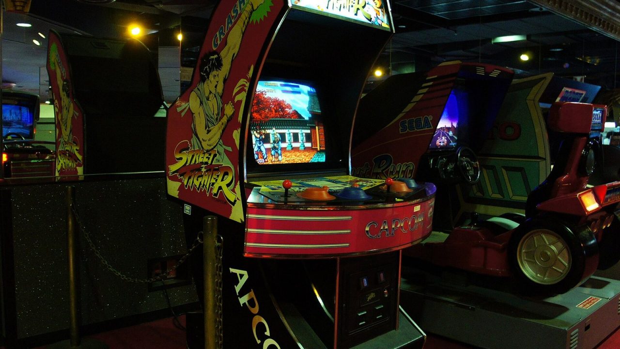 Original 1987 Capcom Street Fighter arcade cabinet in an arcade