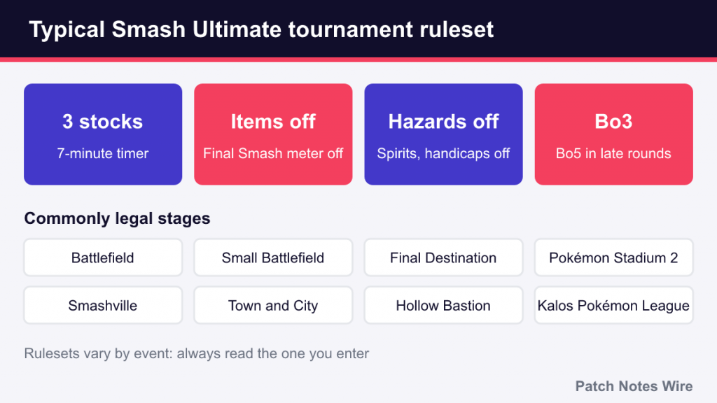 Typical Smash Ultimate ruleset: 3 stocks, 7 minutes, items off, and commonly legal stages